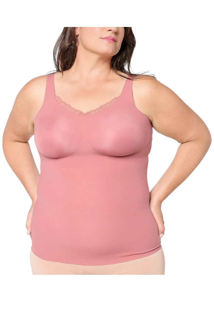 Evelyn & Bobbie Women's Lace Trim V-Neck Seamless Bra Cami Pink Canyon - Regular